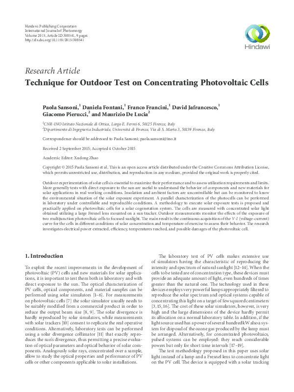 (PDF) Technique for Outdoor Test on Concentrating Photovoltaic Cells