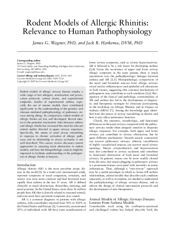 (PDF) Rodent models of allergic rhinitis: Relevance to human ...