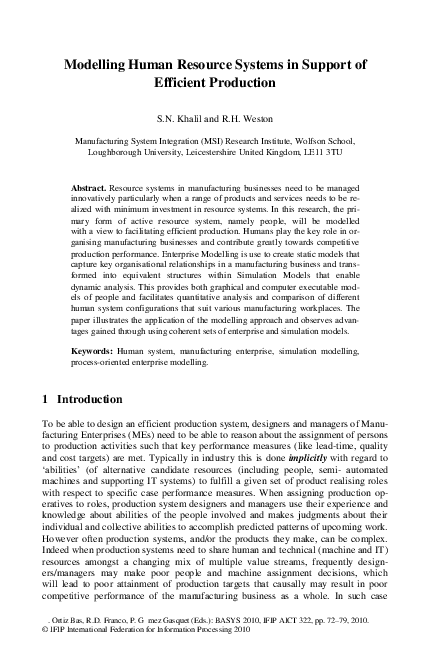 (PDF) Modelling human resource systems in support of efficient production