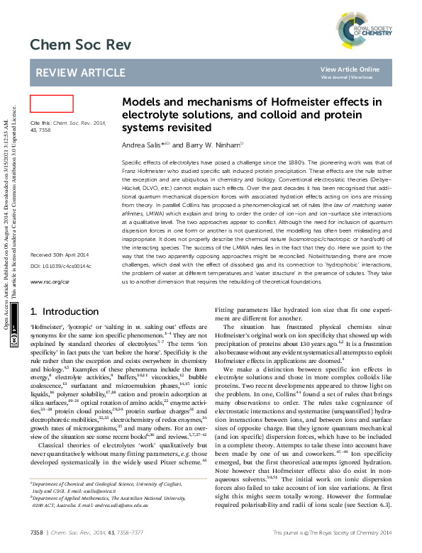 (PDF) Models and mechanisms of Hofmeister effects in electrolyte ...