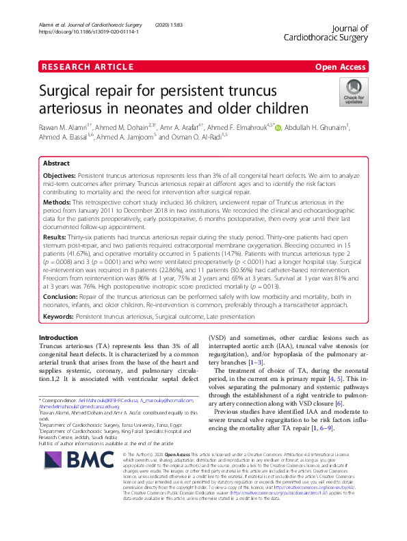 (PDF) Surgical repair for persistent truncus arteriosus in neonates and ...