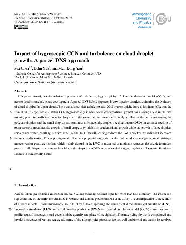 (PDF) Impact of hygroscopic CCN and turbulence on cloud droplet growth ...
