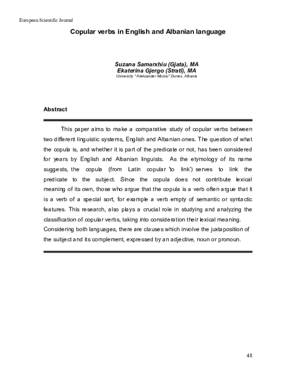 (PDF) Copular Verbs in English and Albanian Language Ekaterina Gjergo