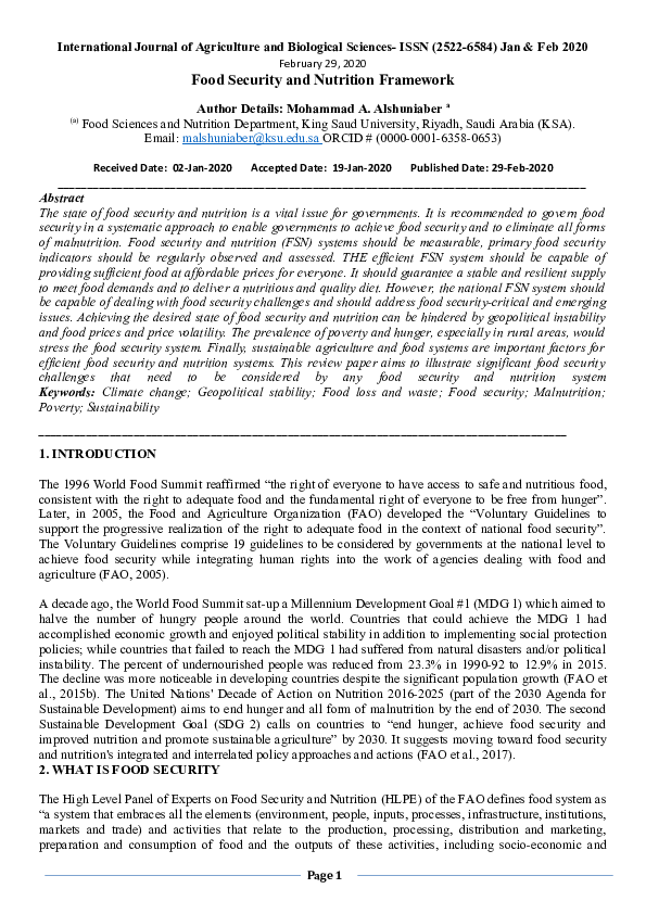 Doc Food Security And Nutrition Framework