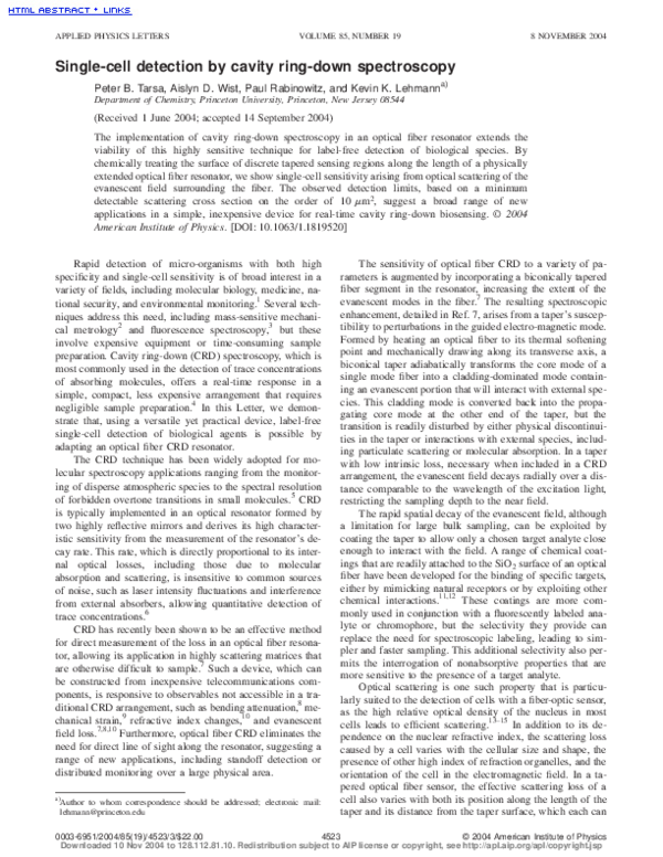 (PDF) Singlecell detection by cavity ringdown spectroscopy Kevin