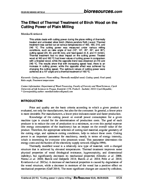 (PDF) The Effect of Thermal Treatment of Birch Wood on the Cutting ...
