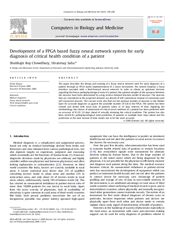 (PDF) Development of a FPGA based fuzzy neural network system for early ...