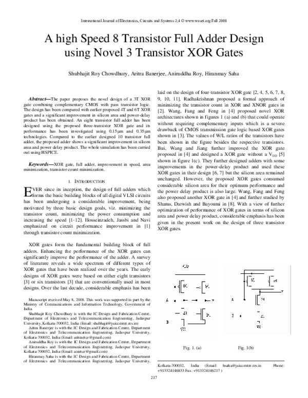 (PDF) A high Speed 8 Transistor Full Adder Design using Novel 3 ...