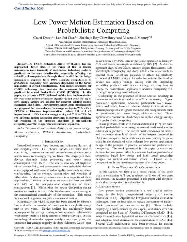 (PDF) Low Power Motion Estimation Based on Probabilistic Computing