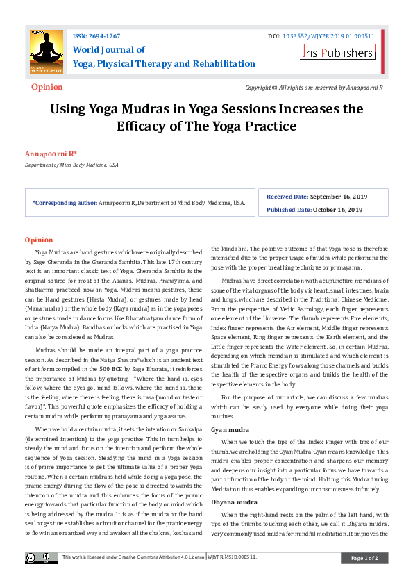 (PDF) Using Yoga Mudras in Yoga Sessions Increases the Efficacy of The ...