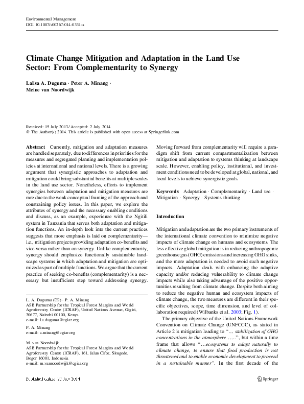 (PDF) Climate Change Mitigation and Adaptation in the Land Use Sector ...