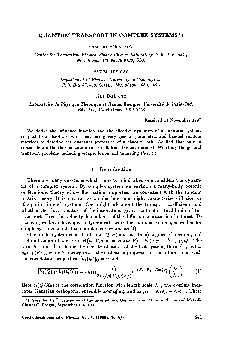 (PDF) Quantum transport in complex systems