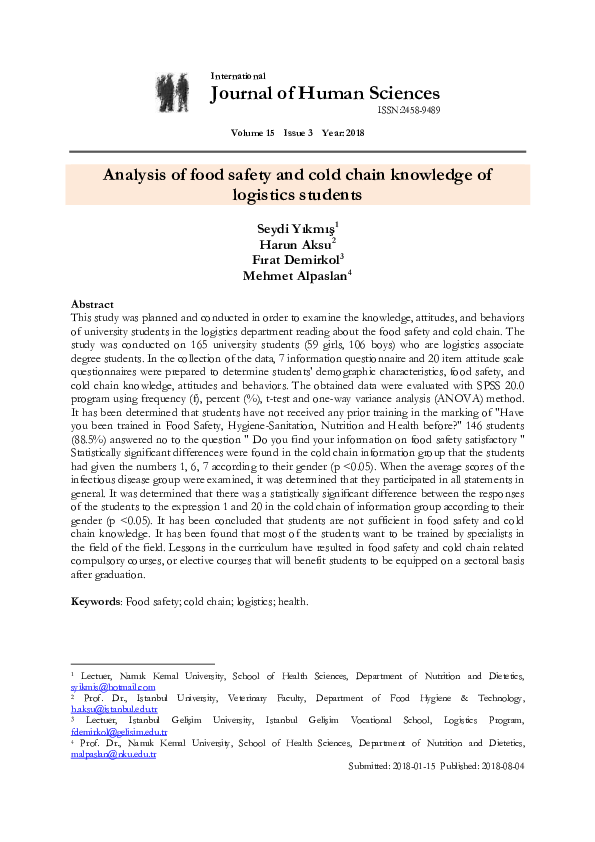 (PDF) Analysis of food safety and cold chain knowledge of logistics ...