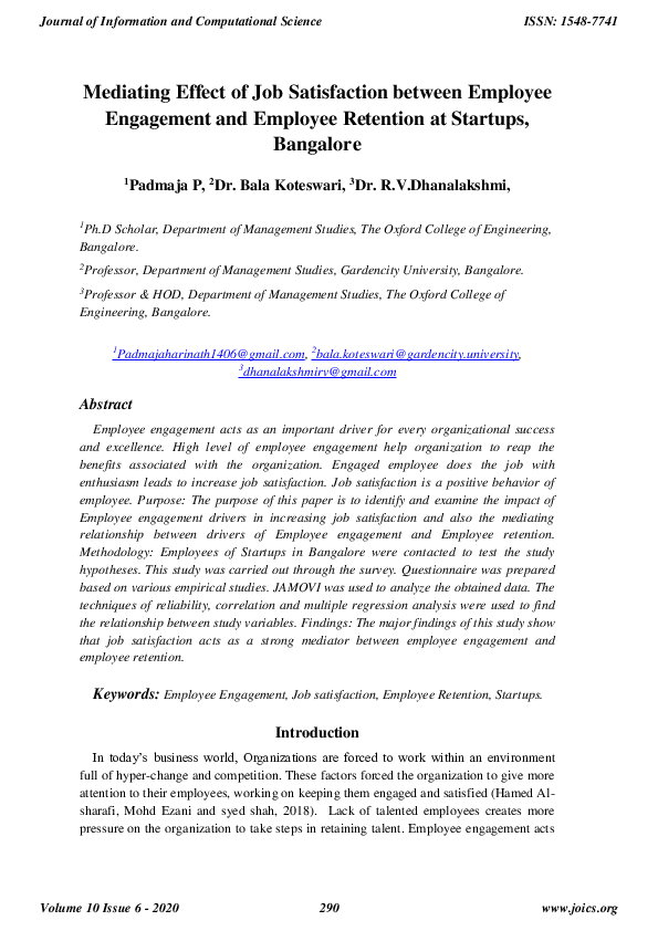 (PDF) Mediating Effect of Job Satisfaction between Employee Engagement ...