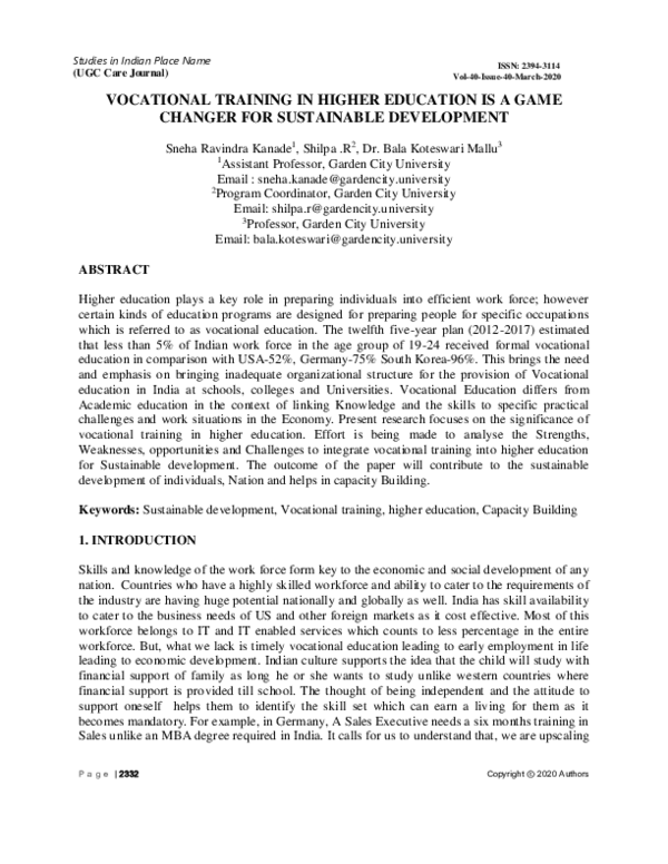 (PDF) VOCATIONAL TRAINING IN HIGHER EDUCATION IS A GAME CHANGER FOR ...