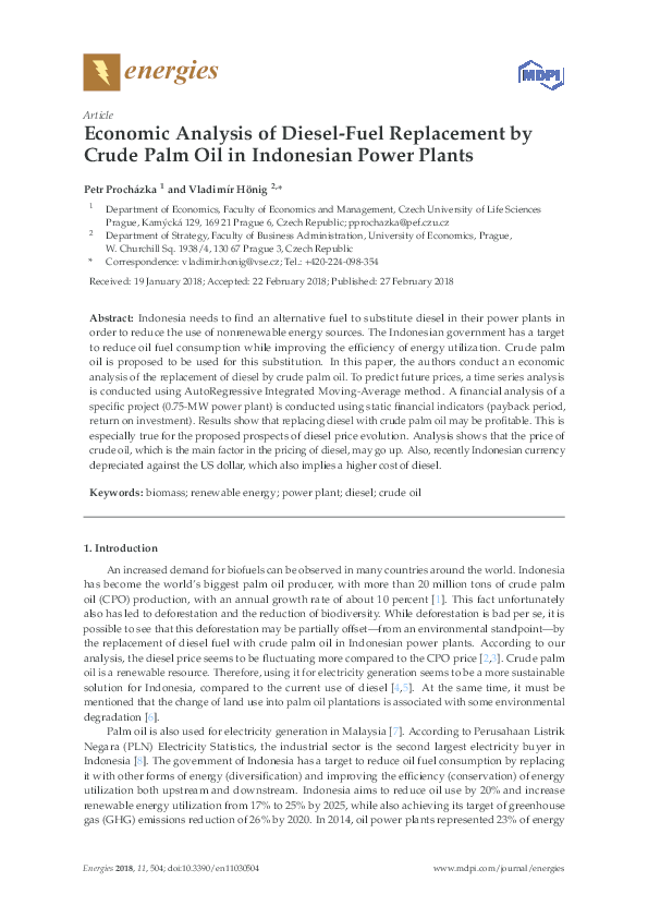 (PDF) Economic Analysis of Diesel-Fuel Replacement by Crude Palm Oil in ...