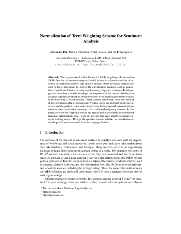 (PDF) Normalization of Term Weighting Scheme for Sentiment Analysis