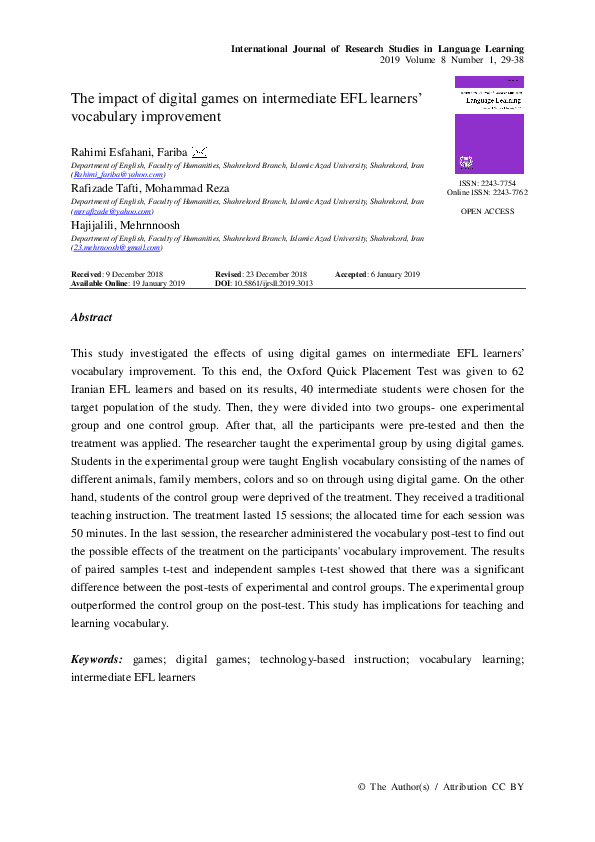 (PDF) The impact of digital games on intermediate EFL learners ...
