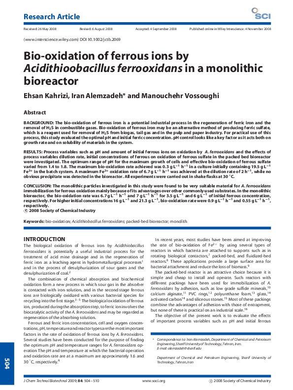 (PDF) Bio-oxidation of ferrous ions by Acidithioobacillus ferrooxidans ...