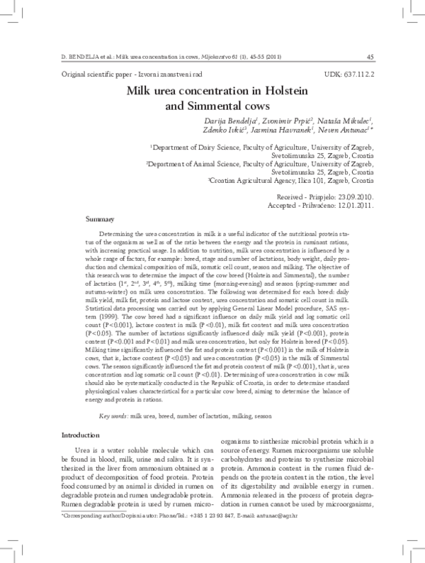 (PDF) Milk urea concentration in Holstein and Simmental cows