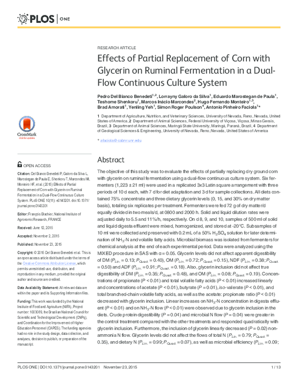 (PDF) Effects of Partial Replacement of Corn with Glycerin on Ruminal ...
