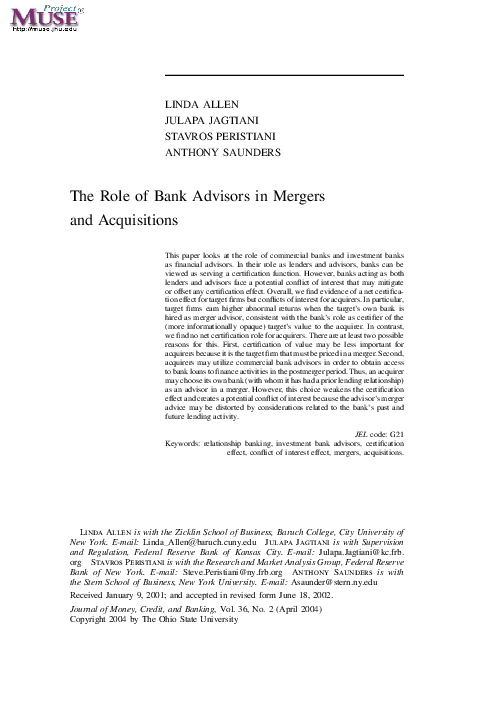 (PDF) The role of financial advisors in merger and acquisitions