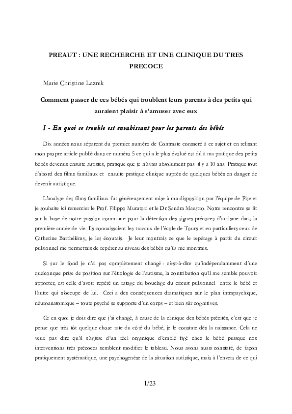 Pdf Preaut Une Recherche Et Une Clinique Du Tres Precoce Marie Christine Laznik Academia Edu