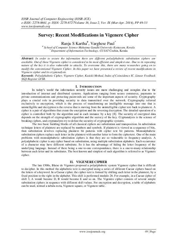 (PDF) Survey: Recent Modifications in Vigenere Cipher