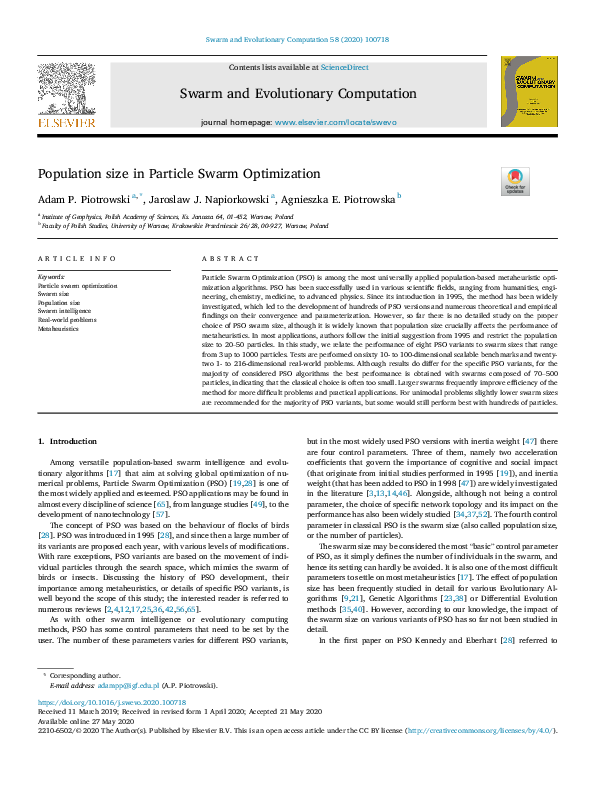 (PDF) Population size in Particle Swarm Optimization