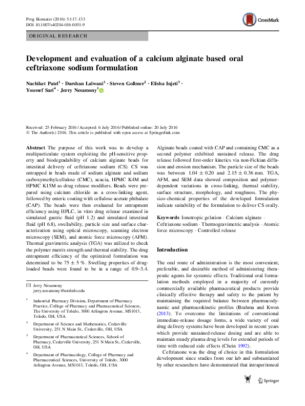 (PDF) Development and evaluation of a calcium alginate based oral ...