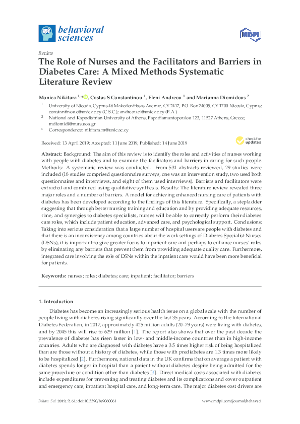 (PDF) The Role of Nurses and the Facilitators and Barriers in Diabetes ...