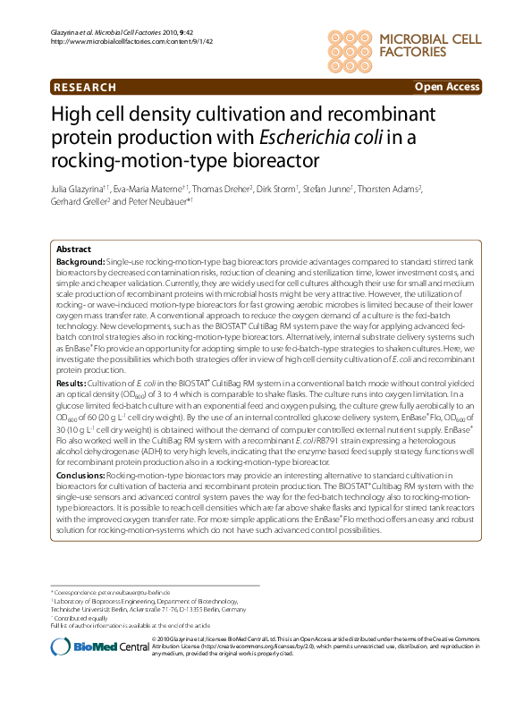 (PDF) High cell density cultivation and recombinant protein production ...