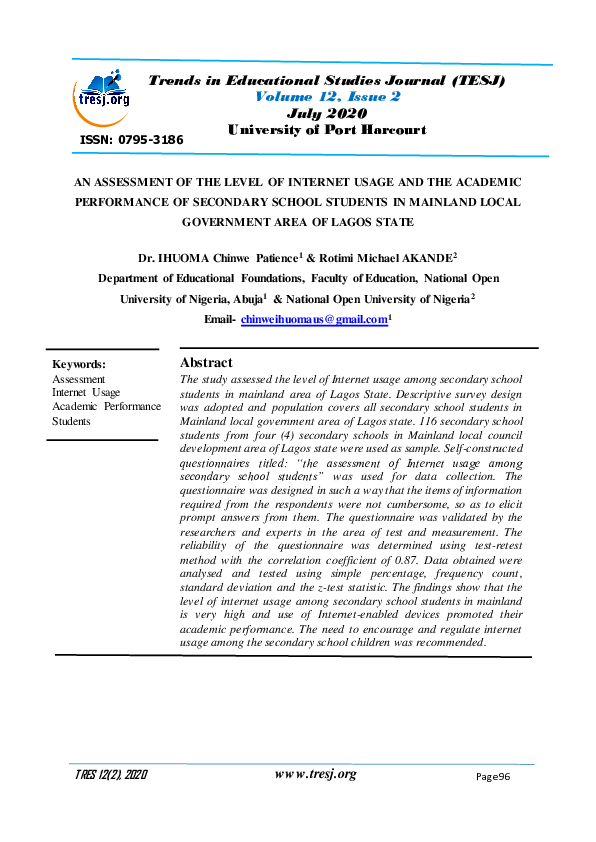 (PDF) AN ASSESSMENT OF THE LEVEL OF INTERNET USAGE AND THE ACADEMIC ...