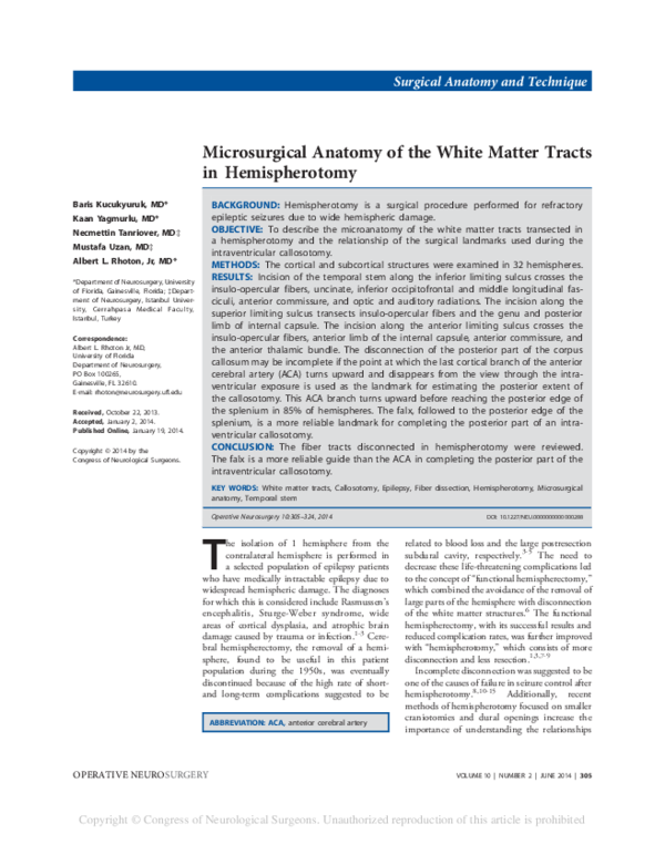 (PDF) Microsurgical Anatomy of the White Matter Tracts in Hemispherotomy