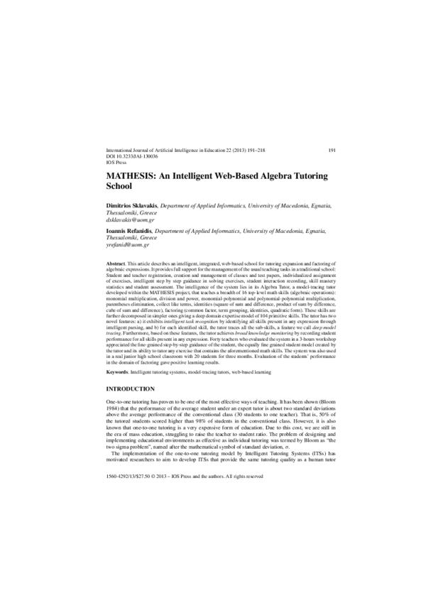 (PDF) MATHESIS: An Intelligent Web-Based Algebra Tutoring School