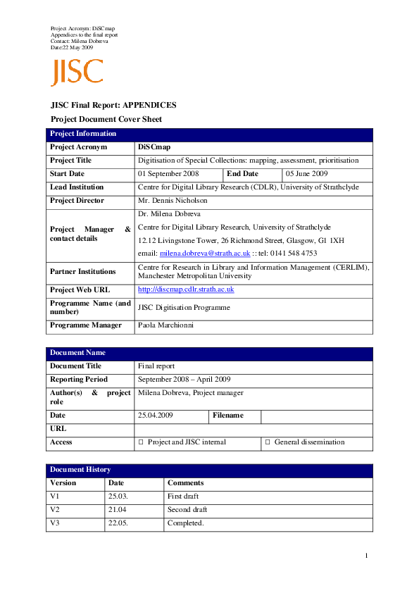 (PDF) DiSCmap. Digitisation of Special Collections: mapping, assessment ...
