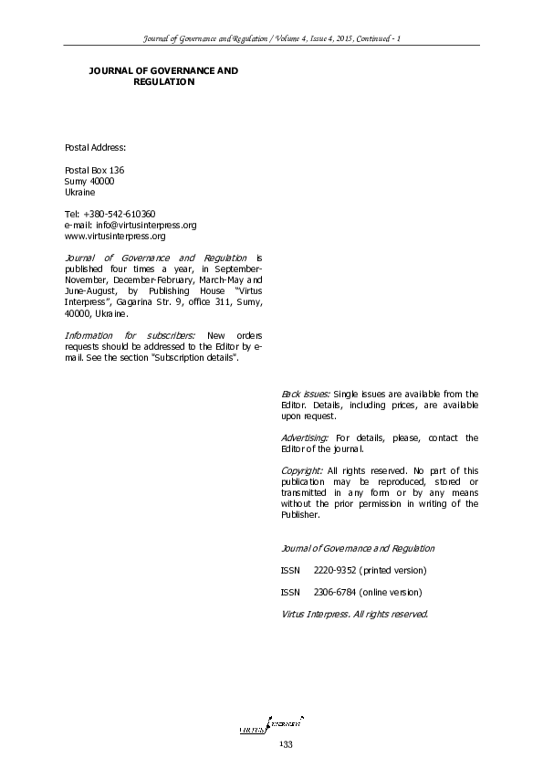 (PDF) JOURNAL OF GOVERNANCE AND REGULATION Eugenio Pavarani