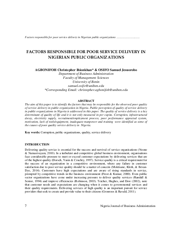 (PDF) FACTORS RESPONSIBLE FOR POOR SERVICE DELIVERY IN NIGERIAN PUBLIC