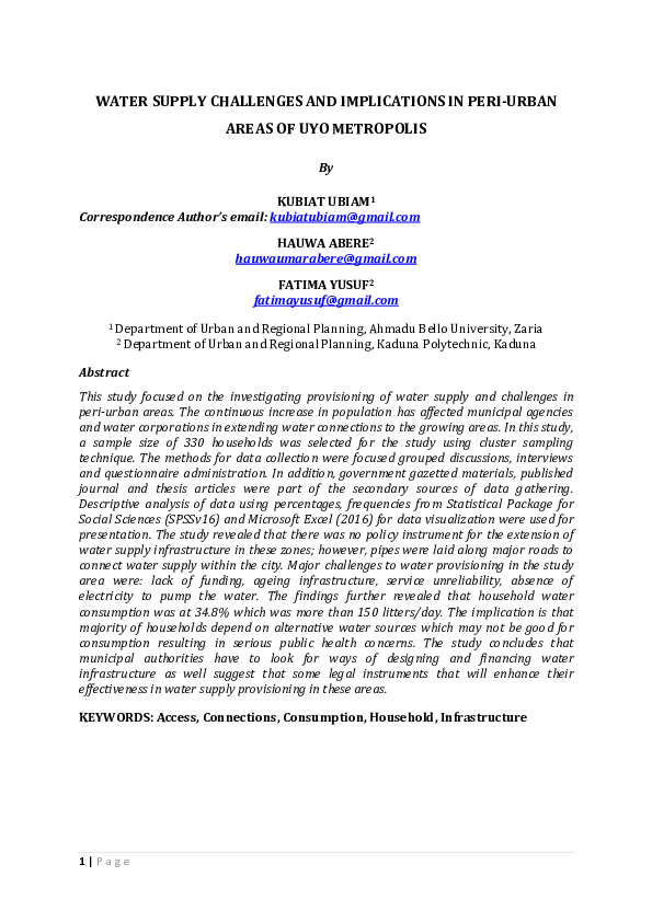 (PDF) WATER SUPPLY CHALLENGES AND IMPLICATIONS IN PERI-URBAN AREAS OF ...