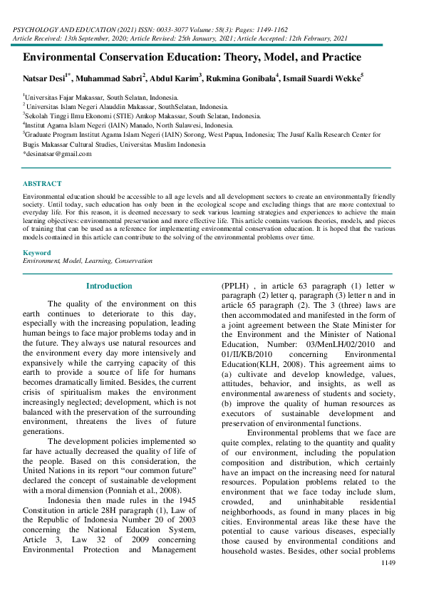 Environmental Education Outcomes For Conservation A Systematic Review (PDF) Environmental Conservation Education: Theory, Model, and Practice