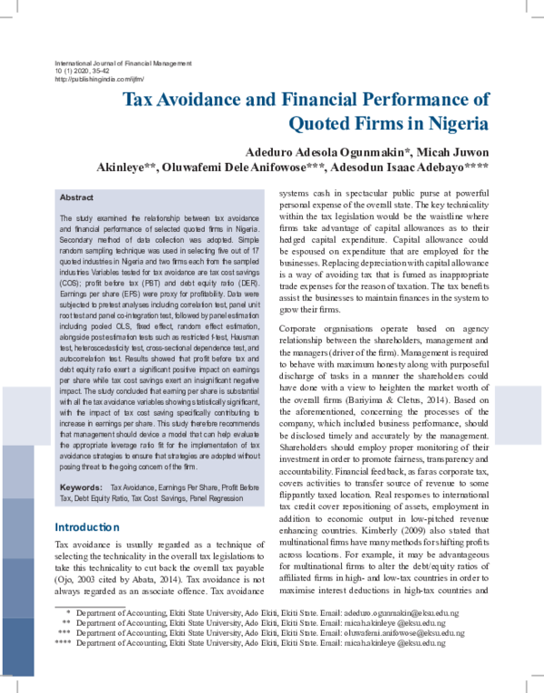 (PDF) Tax Avoidance and Financial Performance of Quoted Firms in Nigeria