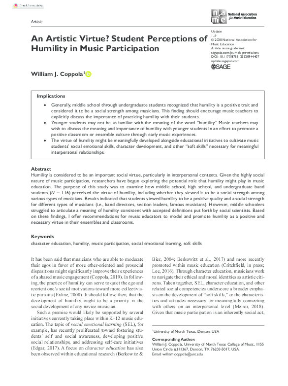 (PDF) An Artistic Virtue? Student Perceptions of Humility in Music ...