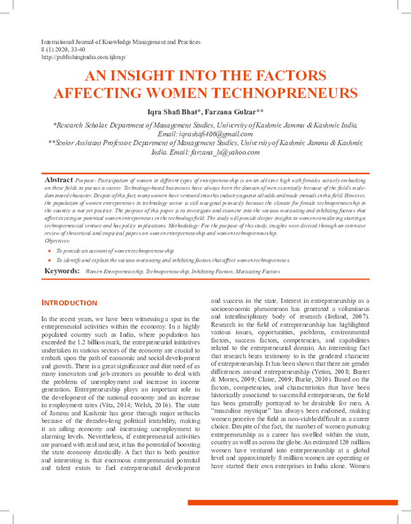 (PDF) An Insight into the Factors Affecting Women Technopreneurs