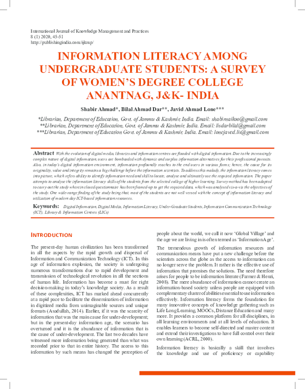 (PDF) Information Literacy among Undergraduate Students: A Survey of ...