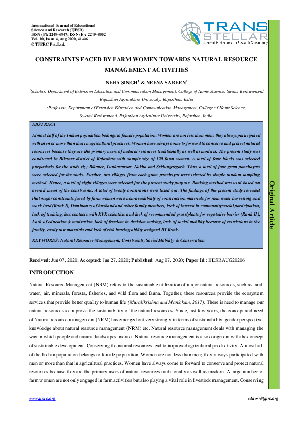 (PDF) CONSTRAINTS FACED BY FARM WOMEN TOWARDS NATURAL RESOURCE ...