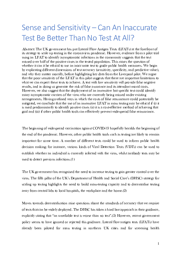 (PDF) Sense and Sensitivity -Can An Inaccurate Test Be Better Than No ...