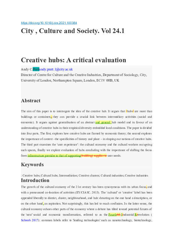 (DOC) Creative hubs a critical evaluation Andy Pratt Academia.edu
