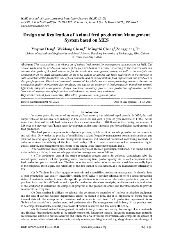 (PDF) Design and Realization of Animal feed production Management System based on MES IOSR