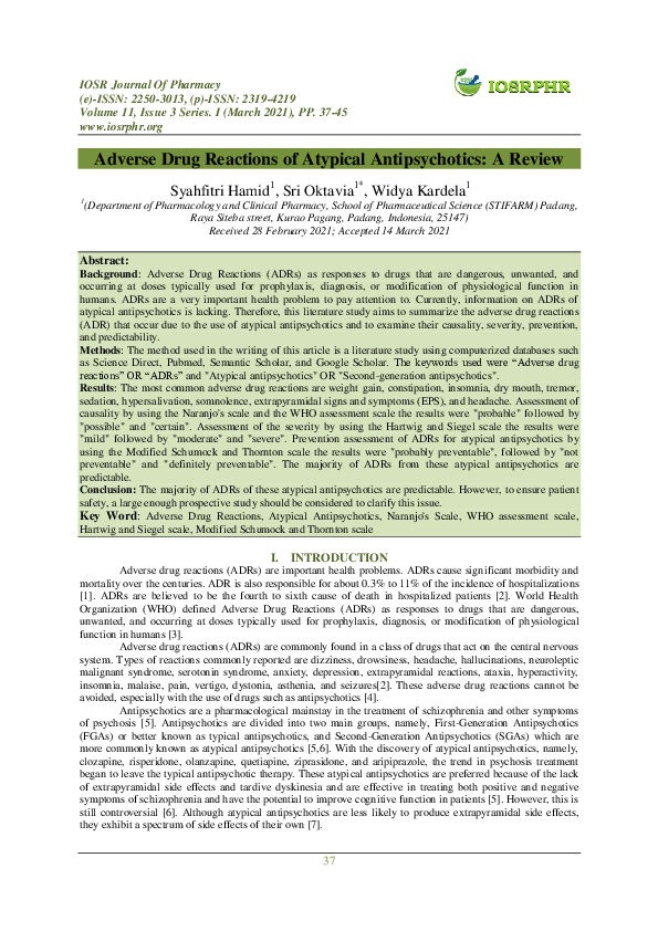(PDF) Adverse Drug Reactions of Atypical Antipsychotics: A Review