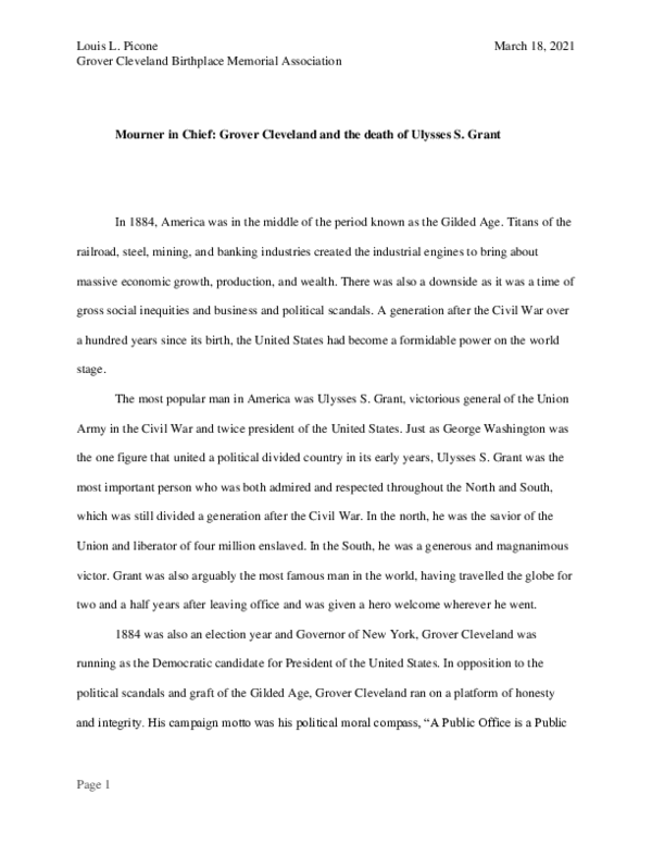 First page of “Mourner in Chief Grover Cleveland and the death of Ulysses S. Grant”